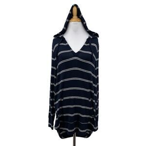 Lucky Brand Slouchy Soft Hoodie Tunic Womens S Small Nautical Stripe Curved Hem